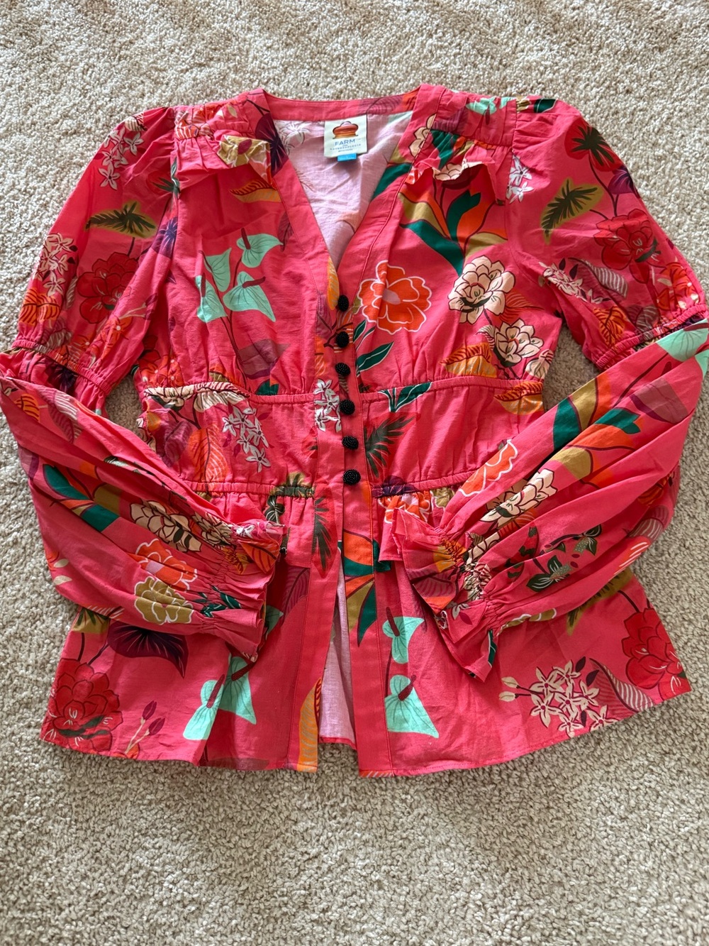 NWOT Farm Rio Red Orange Floral Ruffle Button Up Long Sleeve Blouse Top